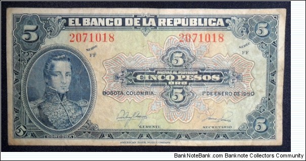 COLOMBIA 5 PESOS ORO 1950 7 DIGITS P 386e FOR SALE Banknote
