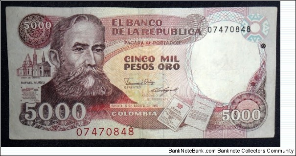 COLOMBIA 5000 PESOS ORO 1988-RAFAEL NUÑEZ-FOR SALE The banknote in the pictures is the note

you will receive.

Banknote has been circulated .

Please judge grade yourself using

the pictures provided-Scan.

If you need any additional info related to the item


please write.

Buy -Sell-Consigment.

Several years experience

Please visit in:

 Ebay.com





  All items are backed by our 100% AUTHENTICITY GUARANTEE
         If you a real collector, you don't want to miss this kind of items in your collection!


As Collector-Dealer  can  give professional guidance in buying  Rare  good quality banknotes and coins with the true market value.The assistance to pick up the right coins-banknotes at the right and best prices from a big offer   with Dealers, Agents an Brokers is guarantee, inquire, quote and try the prices.

 If you do not find what you are looking for, please inquire- Our stock is big in old and new banknotes-coins.
Please make your own judgment about the grade of these beautiful pieces. Please check the scan to grade the notes for yourself.  The Scan of is the actual Note- Coin-banknote on offer. So what you see is what you get.

 We attempt to describe each item accurately using standard terminology .  Sometimes we make a mistake, and sometimes the buyer disagrees with mi opinion.  In these instances, please let us know and we will do our best to resolve the problem.  Our lots may be returned intact  for seven days after receipt. 

The photo of the Banknotes -Coins are Genuine and to be used as reference, the Serial Numbers may be different. Otherwise stated in the description. Most of the notes -coins are uncirculated. Otherwise stated in the title. We only sell guaranteed Genuine Banknotes-Coins. Some have been used-circulated, but are in good condition. Ideal for collection or resell..
FOR SALE $ 70.000 COP DESPACHO SOLO EN COLOMBIA

 Banknote