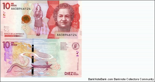 Country: Colombia 
Denomination: 10,000 Pesos
Price: $11.00
Pick #: New
Year: 2017 (2015)
Grade: UNC
Coloration: Pink
Depictions: Virginia Gutirez de Pineda; Man in canoe; Snake; Amazon River
Note Size: 5 1/2