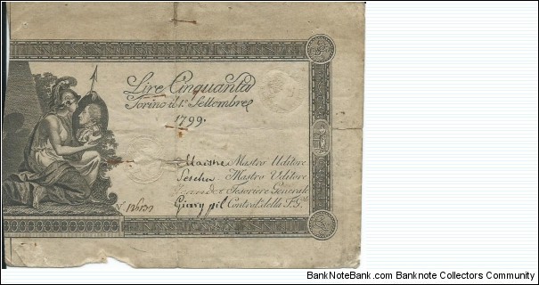 ITALY - Kingdom of Sardinia - 50 Lire -  Carlo Emanuele IV - Regie Finanze - 01.09.1799 Banknote