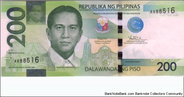 P-209b 200 Piso (2016 -single prefix) (Duterte-Tetangco) Banknote