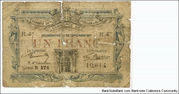 1 Franc (Chambre de Commerce de Toulon et du Var 1917) Banknote