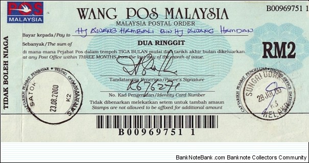 Malacca 2000 2 Ringgit postal order. Banknote
