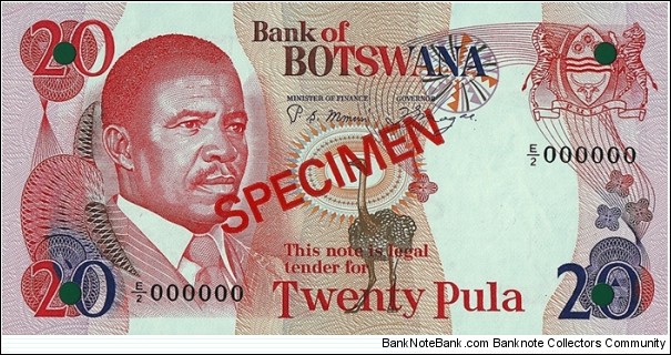 Botswana N.D. 20 Pula.

Specimen. Banknote