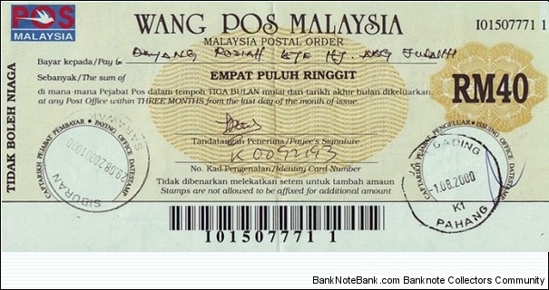 Pahang 2000 40 Ringgit postal order. Banknote