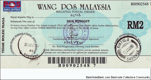 Sarawak 2000 2 Ringgit postal order. Banknote