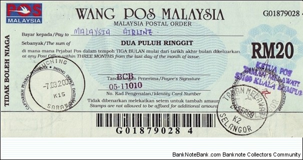 Selangor 1999 20 Ringgit postal order. Banknote