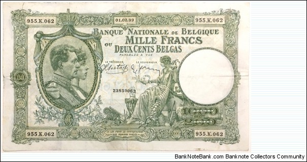1000 Francs / 200 Belgas (1939) Banknote