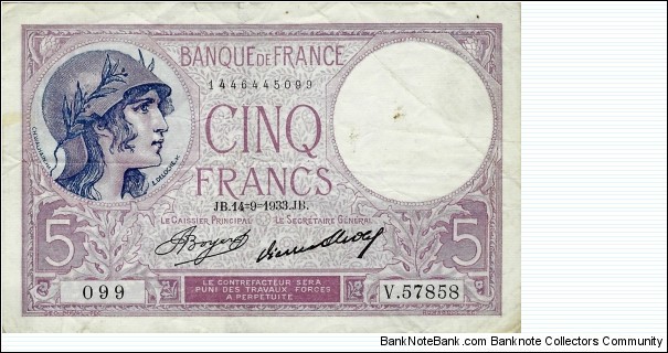 FRANCE 5 Francs 1933 Banknote
