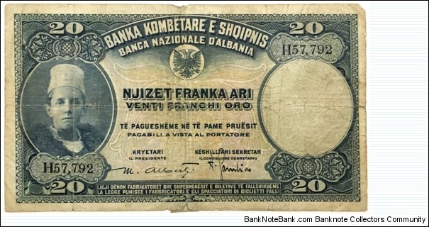 20 Franka Ari / Franchi Oro (Gold Francs) 1926 Banknote
