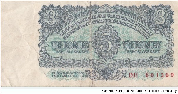 Czechoslovakia 3 koruny Československé 1961 Banknote