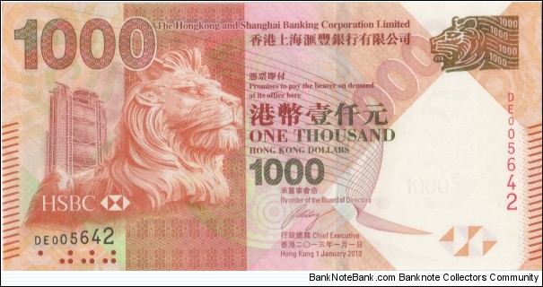 Hong Kong 1000 HK$ (HSBC) 2013 Banknote