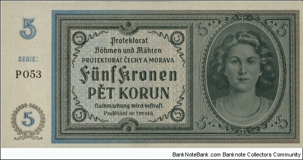 Protectorate of Czech and Moravia 5 Korun Banknote