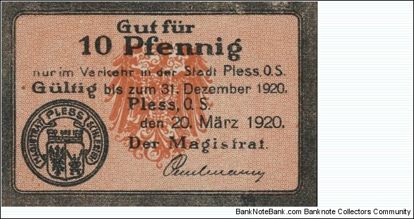 10 Pfennig Notgeld City of Pless/Pszczyna Banknote
