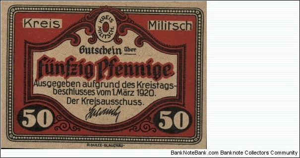 50 Pfennig Notgeld City of Militsch/Milicz Banknote