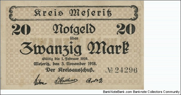 20 Mark Notgeld City of Meseritz/Międzyrzecz Banknote