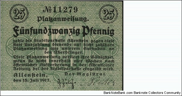 25 Pfennig Notgeld City of Allenstein/Olsztyn Banknote