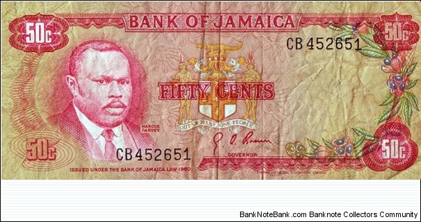 Jamaica N.D. (1970) 50 Cents.

The only type of 50 Cents note - replaced by the 50 Cents coin in 1975. Banknote