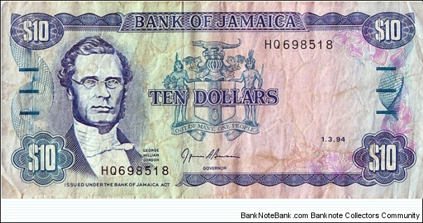 Jamaica 1994 10 Dollars. Banknote