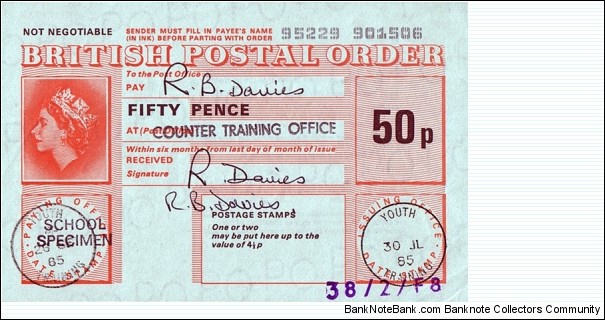 School Specimen 1985 50 Pence postal order. Banknote