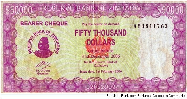 Zimbabwe 2006 50,000 Dollars Bearer Cheque. Banknote