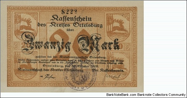 20 Mark Notgeld City of Ortelsburg/Szczytno Banknote