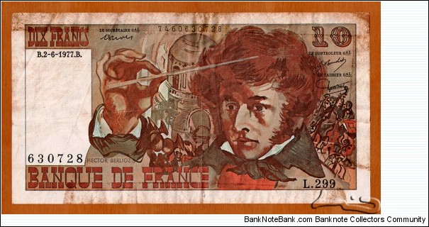 France | 10 Francs, 1977 | 
Obverse: Louis Hector Berlioz (1803 –1869, French Romantic composer, conducting an orchestra in the Chapelle des Invalides in Paris | Reverse: Hector Berlioz playing a guitar offered by Paganini in front of Villa Medici in Rome, The Mausoleum of Hadrian (usually known as the Château Saint-Ange (or Castel Sant'Angelo) in Rome and The Basilique Saint-Pierre (San Pietro/Sancti Petri) in Vatican | Watermark: Profile portrait of Hector Berlioz | Banknote