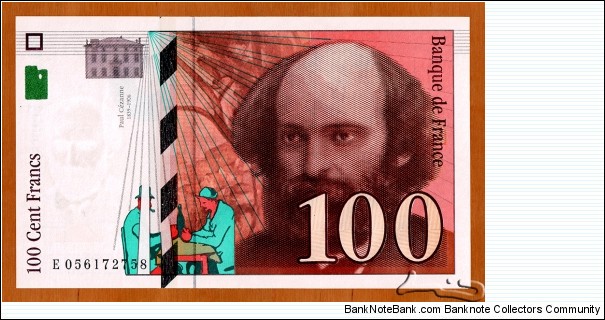 France | 100 Francs, 1998 | Obverse: Paul Cézanne (1839-1906), was a French artist and painter; In the background, an evocation of
a painting made in 1978-79 