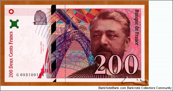 France | 200 Francs, 1999 | Obverse: Portrait of Gustave Eiffel (1832-1923), who was a French engineer, The silhouette of the Garabit Viaduct – built between 1880 and 1884 by Gustave Eiffel in the mountainous Massif Central region. | Reverse: At the foot of the Eiffel Tower, - Champ de Mars at the Exposition Universelle of 1889, the Palace of Fine Arts and the Glass Gallery of Machines in background, built for the Exposition of 1889 | Watermark: Photographic portrait of Gustave Eiffel at 65 years of age |  Banknote