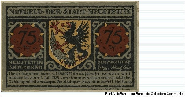 75 Pfennig Notgeld City of Neustettin/Szczecinek Banknote
