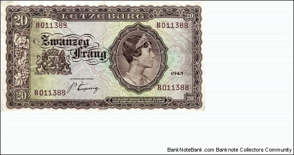Luxembourg 20 Frang (Francs) Banknote