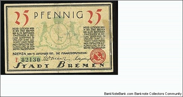 25 Pfennig Notgeld City of Bremen Banknote