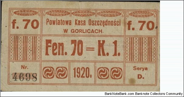 City of Gorlice Coupon for 70 Fenigów = 1 Korona. Banknote