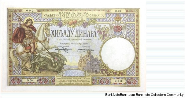 1000 Dinara / Kingdom of Serbs, Croats and Slovenes (Modern Reprint) Banknote