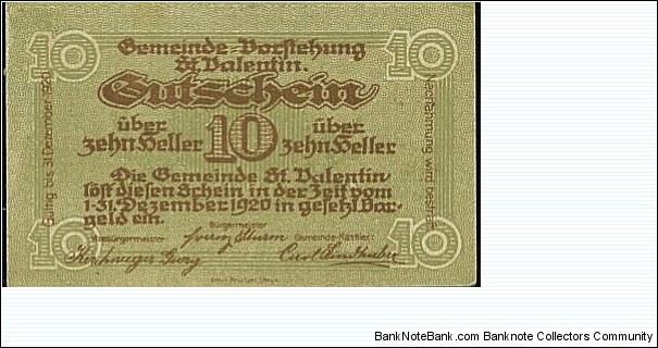 Sankt Valentin - 10 Heller Banknote