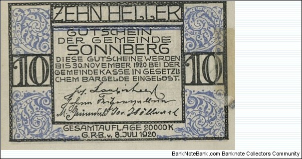 10 Heller - Sonnberg Banknote