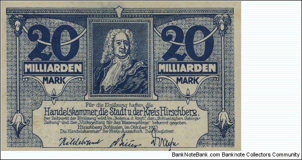 20 milliarden Mark Notgeld City of Hirschberg/Jelenia Góra Banknote