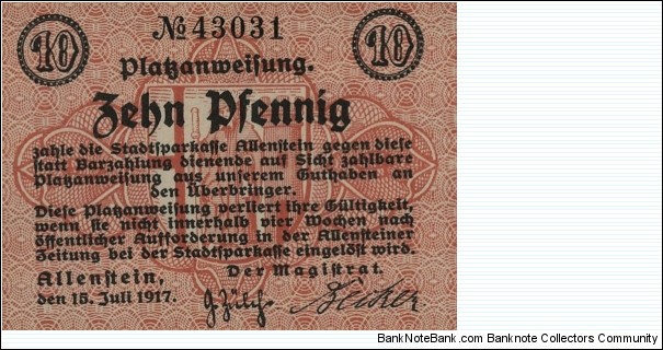 10 Pfennig - Allenstein/Olsztyn Banknote