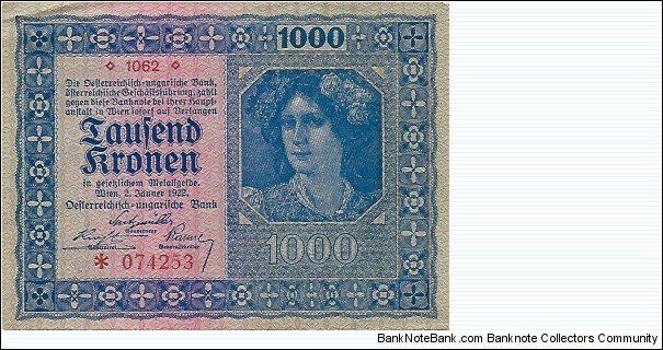 AUSTRIA 1,000 Kronen
1922 Banknote