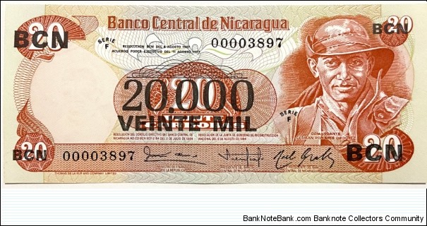 20.000 Cordobas (Overprint on 20 Cordobas Note) Banknote