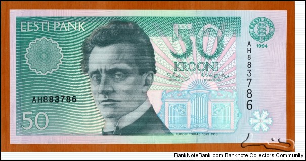 Estonia | 50 Krooni, 1994 | Obverse: Estonian composer Rudolf Tobias (1873-1918), and Eye of Providence above pipe organ | Reverse: Estonia Opera House in Tallinn | Watermark: National Coat of Arms |  Banknote