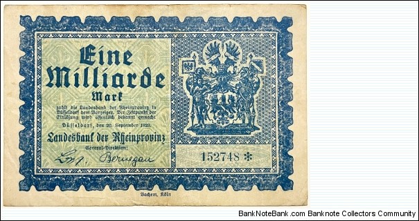 1.000.000.000 Mark (Landesbank of the Rhine Province - Weimar Republic 1923)  Banknote
