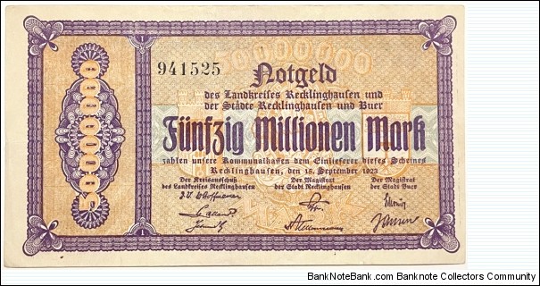 50.000.000 Mark (Recklinghausen/Westphalia /Ruhr Area Notgeld - Weimar Republic 1923) Banknote