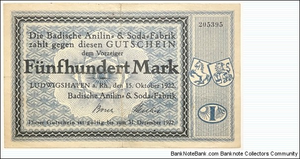 500 Mark (BASF - Baden Aniline and Soda Factory / Weimar Republic 1922) Banknote