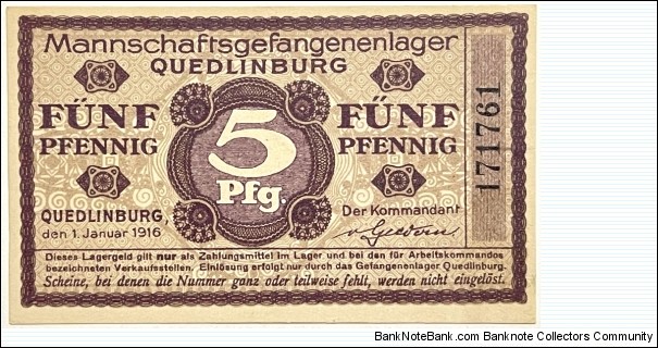 5 Pfennig (Quedlinburg - Prisoners of War Camp 1916) Banknote