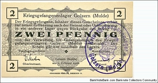 2 Pfennig (Golzern - Prisoners of War Camp 1916)  Banknote