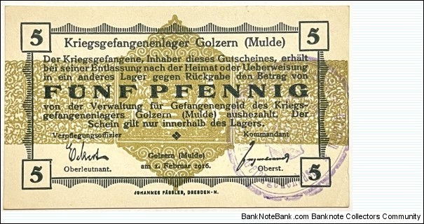 5 Pfennig (Golzern - Prisoners of War Camp 1916)  Banknote