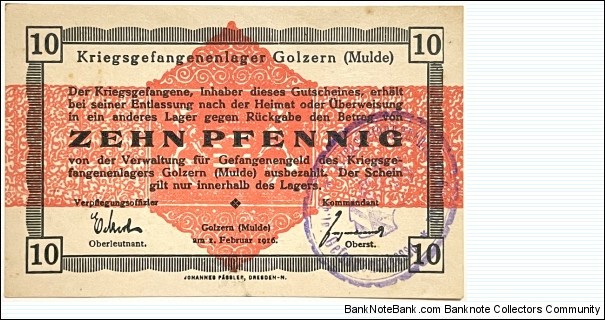 10 Pfennig (Golzern - Prisoners of War Camp 1916)  Banknote