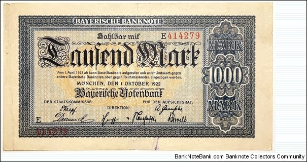 1000 Mark (Regional Issue / Bavarian Note Issuing Bank-Weimar Republic 1922)  Banknote