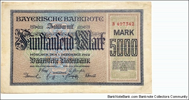 5000 Mark (Regional Issue / Bavarian Note Issuing Bank-Weimar Republic 1922)  Banknote